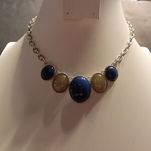 Acrylic Blue And Smoke Gray Cabachon Silvertone Necklace